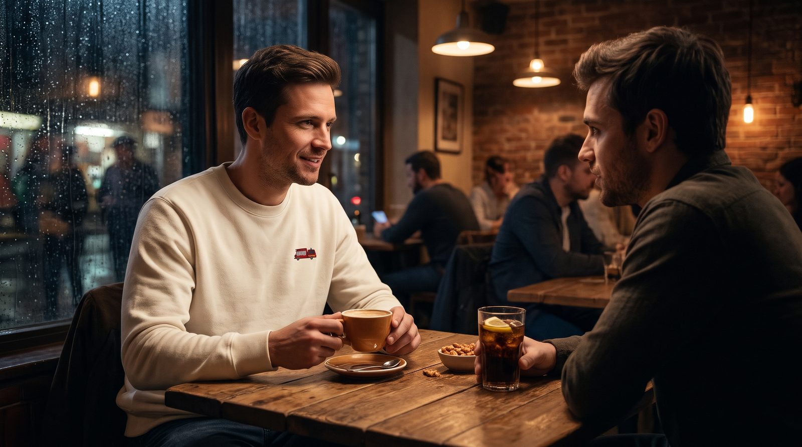 Brandweerman in een Off Duty sweater met subtiel brandweerlogo, op café